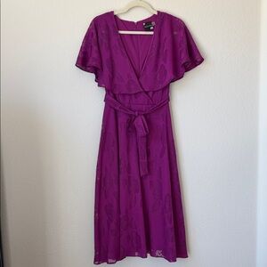 Maison Tara Magenta Wrap Midi Dress Tie Waist Flutter Sleeve Sz 4